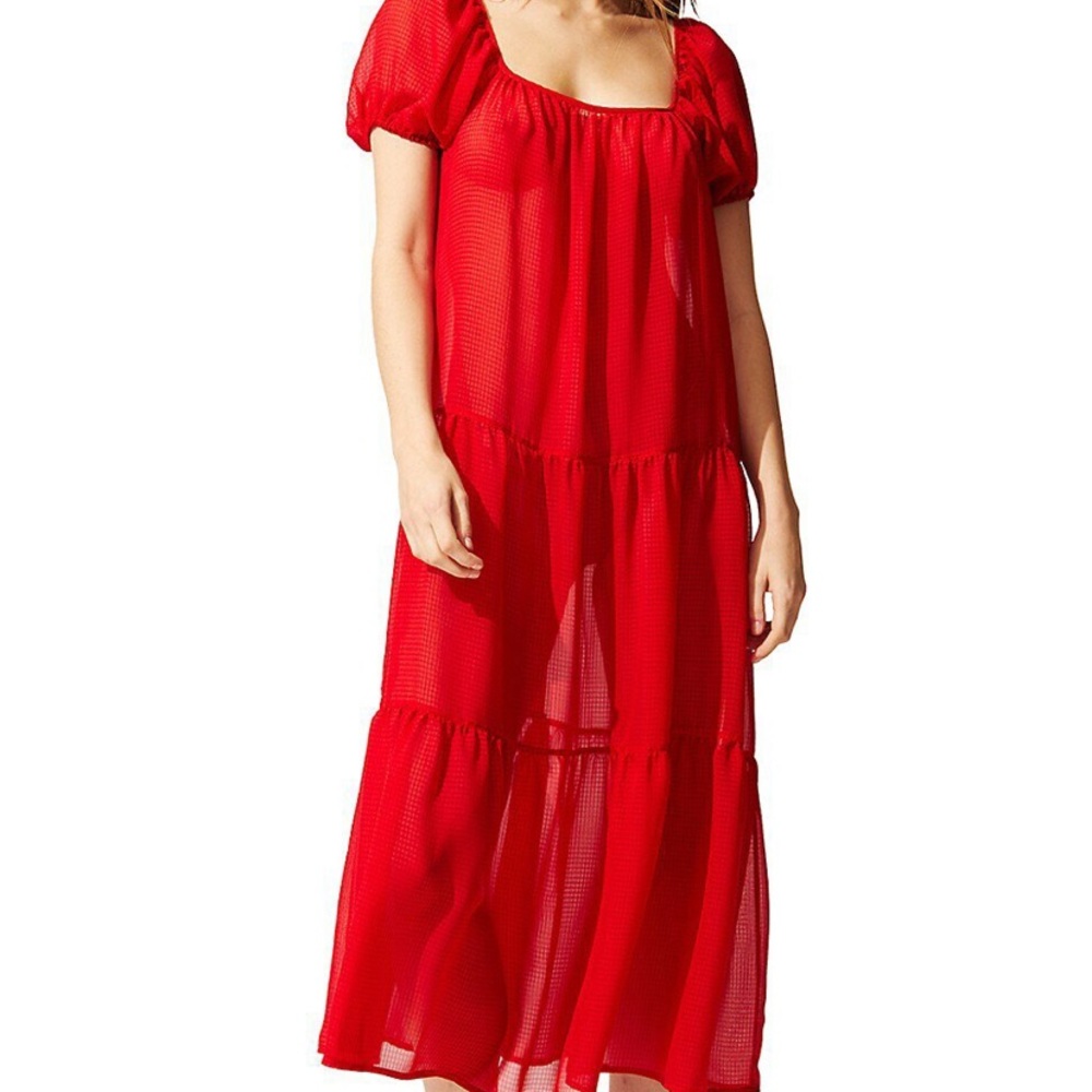 Solid & striped red sheer short sleeve tiered maxi dress